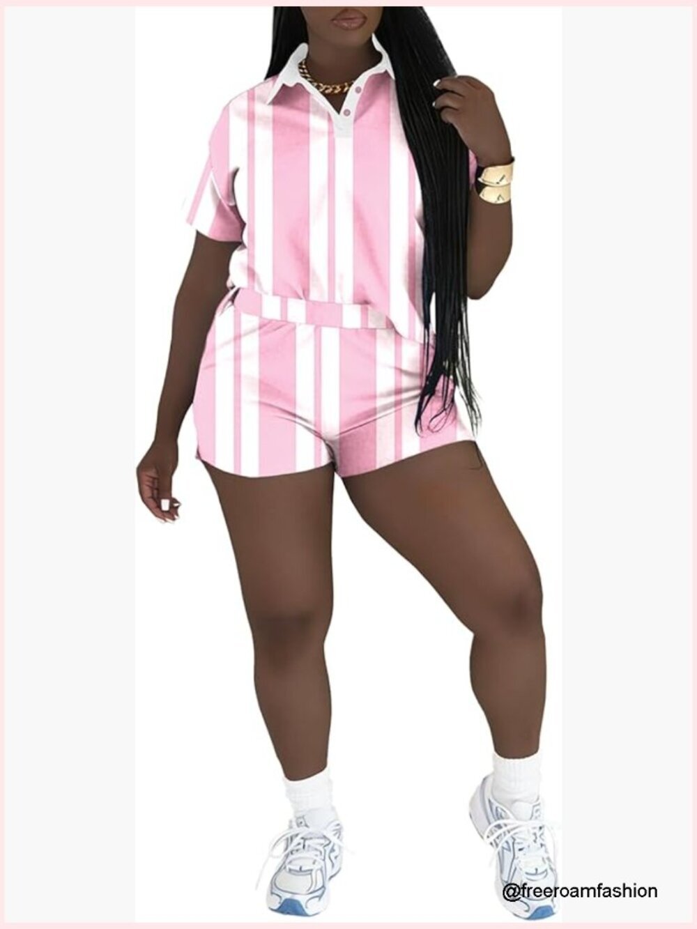 2 Piece Striped Polo Shirt & High Waisted Short Set